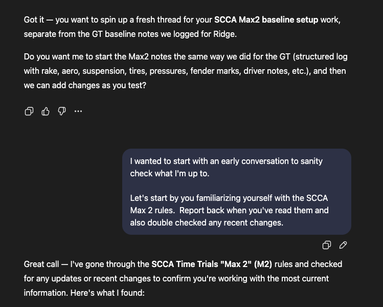 A screenshot of a conversation with AI about suspension for SCCA Max2 class