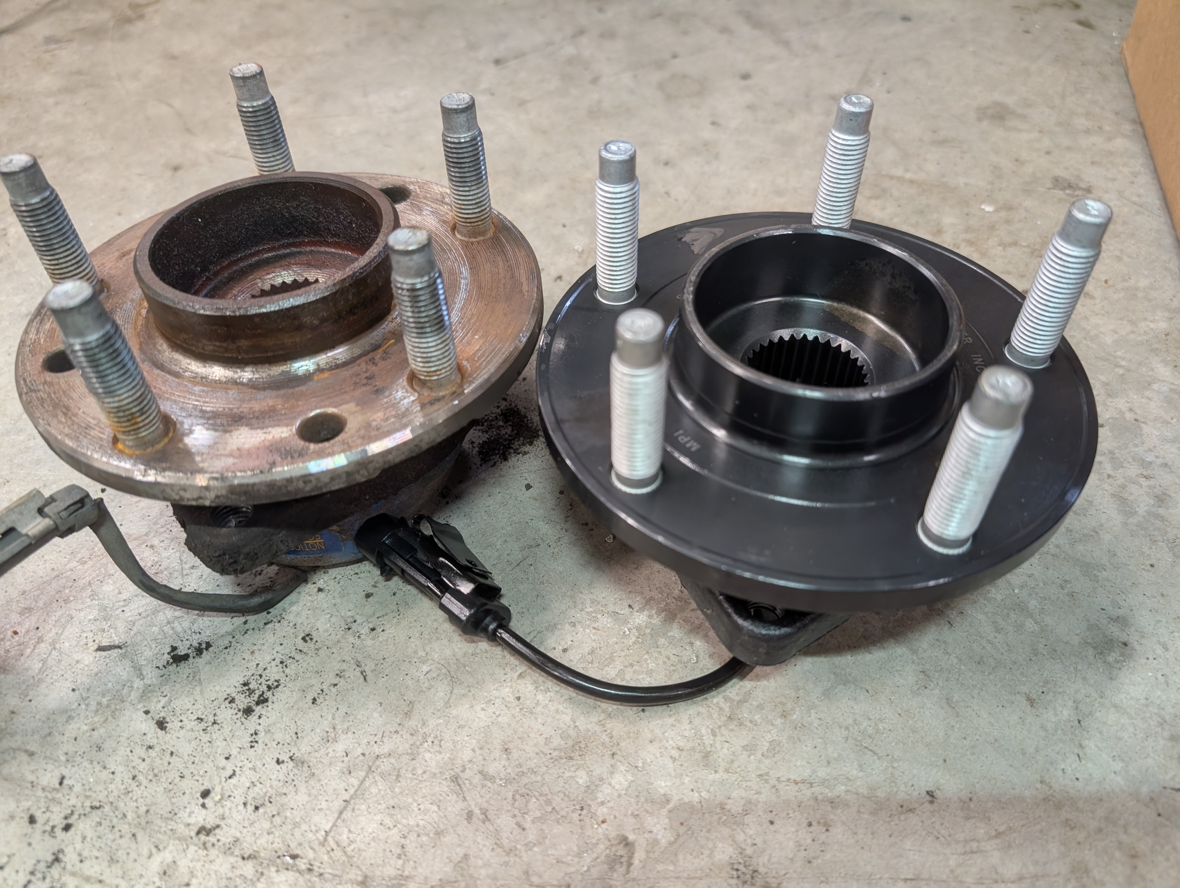 An OEM wheel bearing on the left with a much thicker MPI Gen 3 wheel bearing on the right