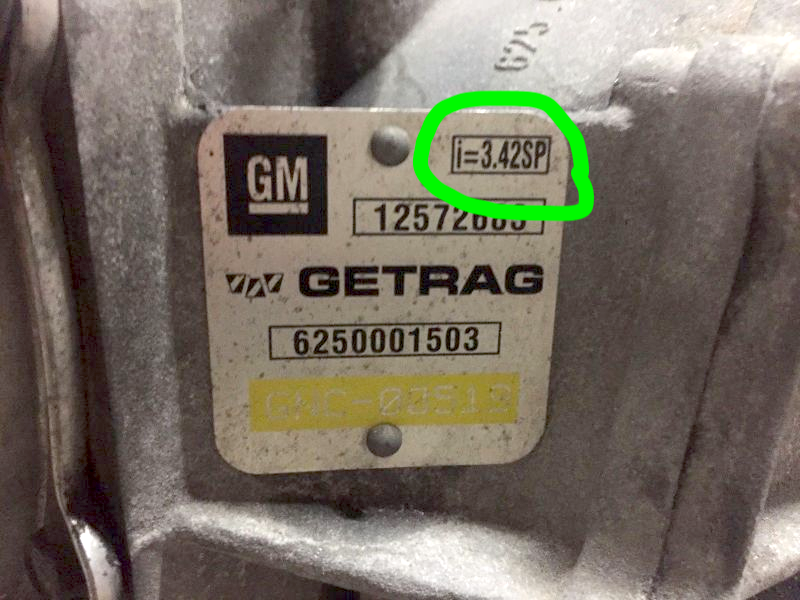 A picture of a differential tag from a C5 Corvette, demonstrating what denotes a shot peened 3.42 gear differential