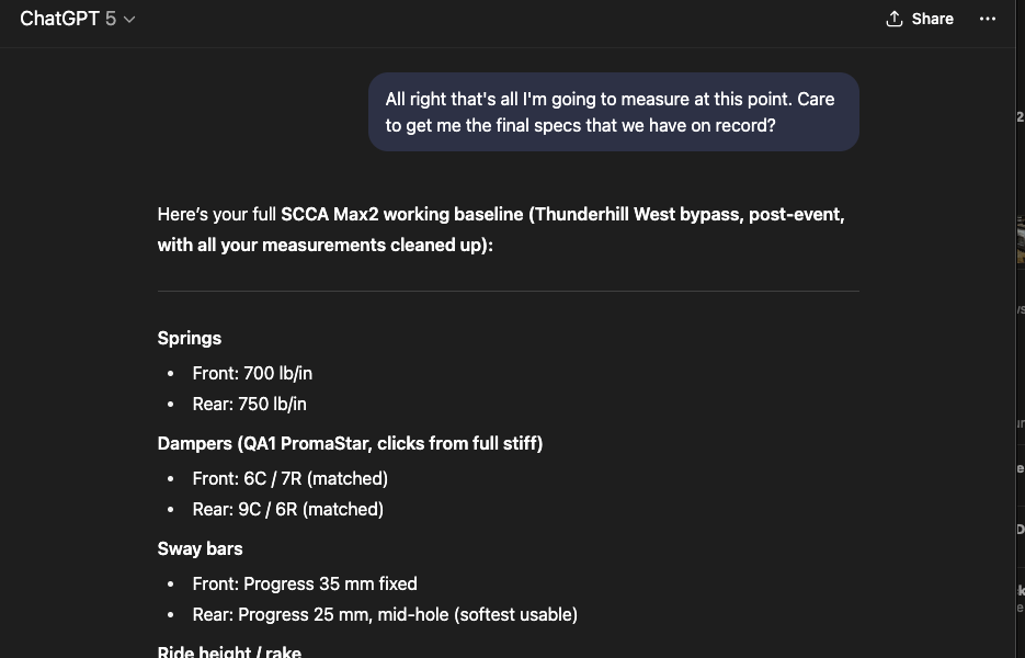 A conversation with ChatGPT asking to confirm settings as measured.