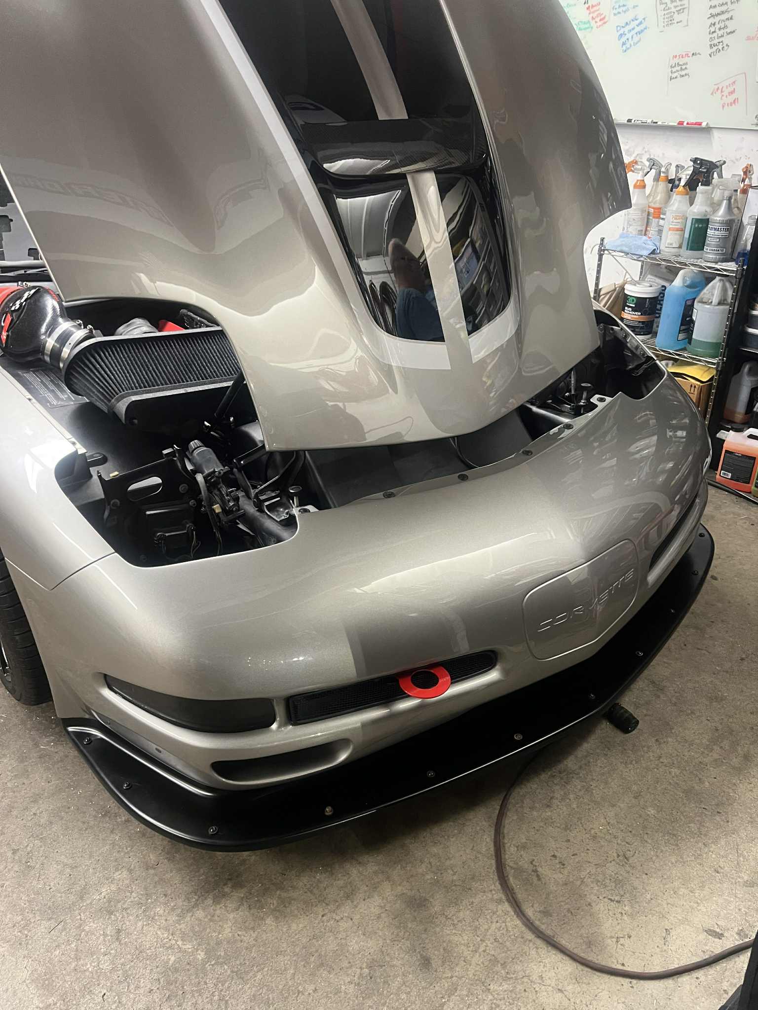 Brian's C5 Corvette with the hood up being worked on