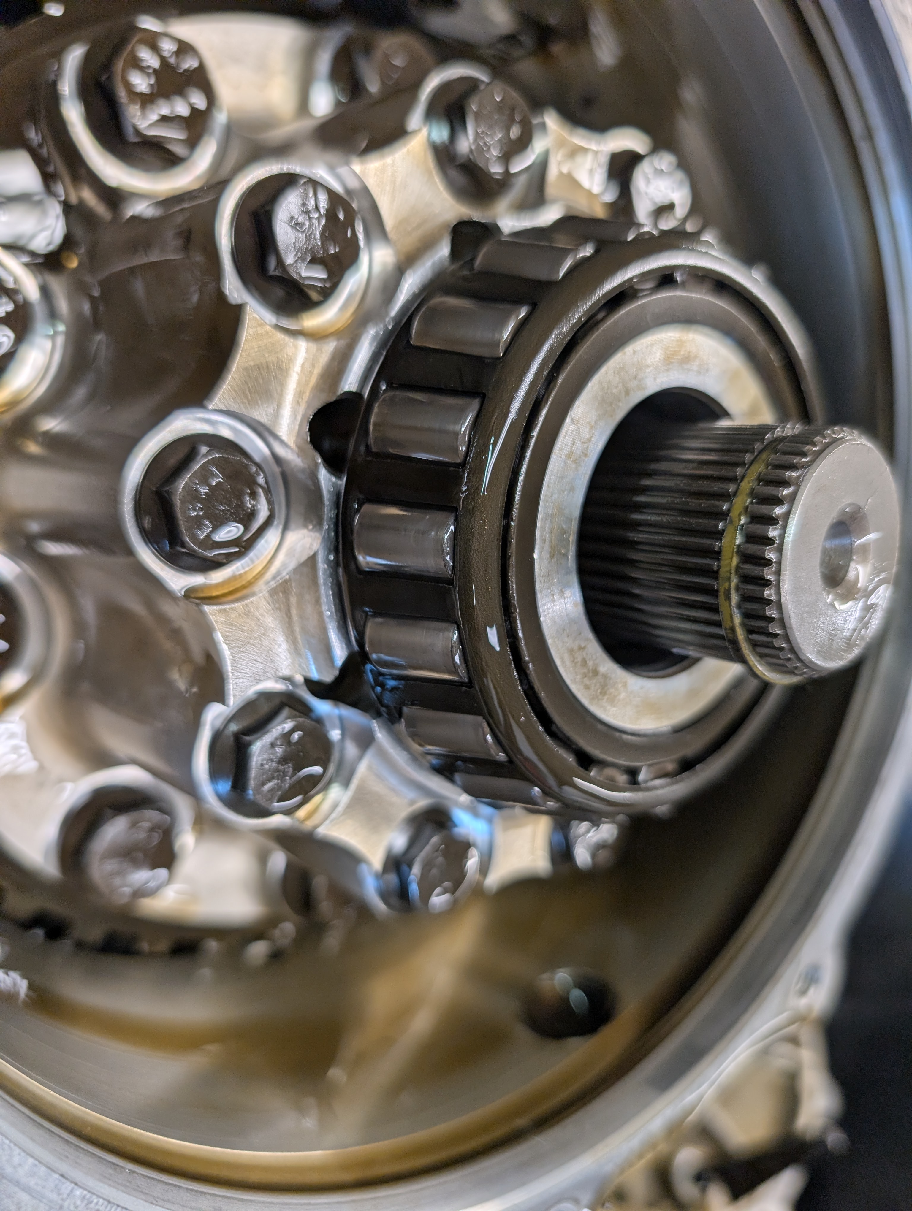 A picture of a C5 internal assembly with the wheel bearings attached. The wheel bearings are very large for the application.