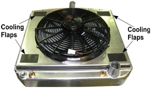 An example of a radiator shroud with cooling flaps cut out. Read more about cooling flaps below.
