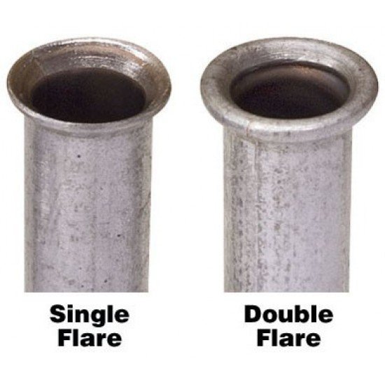 A picture demonstrating what a single flared pipe looks like compared to a double flared pipe