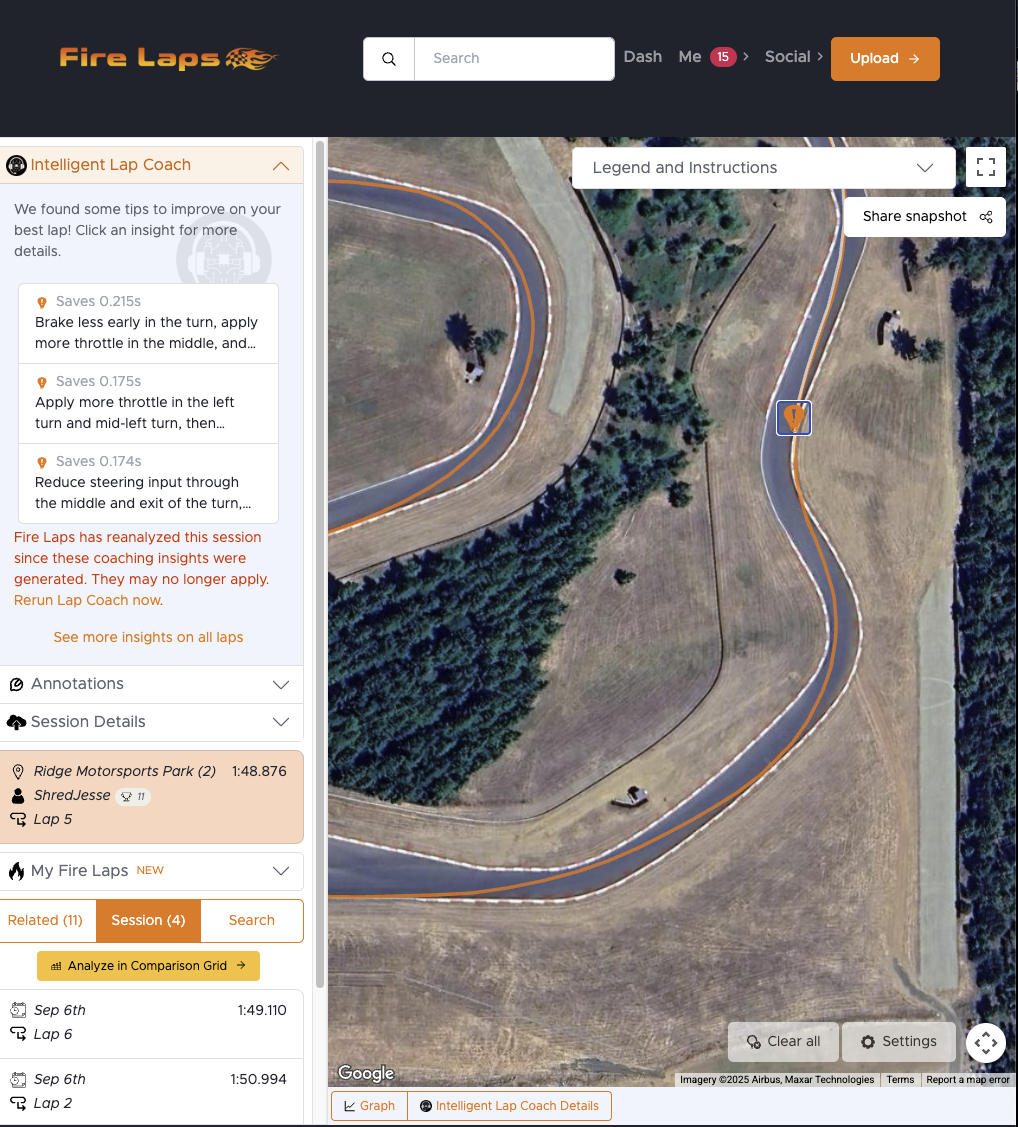 An example of the Fire Laps UI, showcasing Turn 1-2-3 at the Ridge.