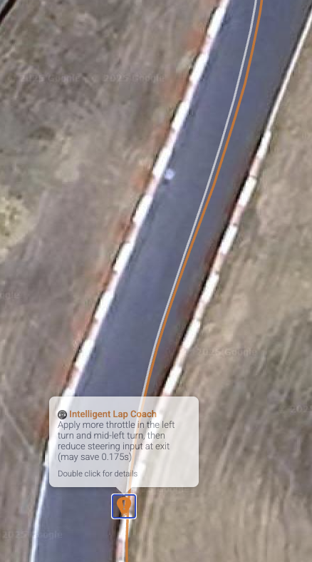 A zoomed in example of Fire Laps AI demonstrating your line in orange versus the suggested line in white.