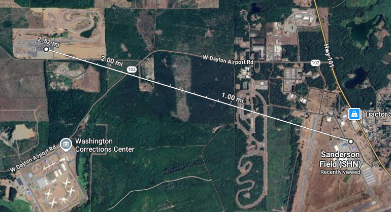 A google maps image showing a distance of 2.52 miles from Ridge Motorsports park cold pits to the likely location of the KSHN weather tower at Sanderson Field.