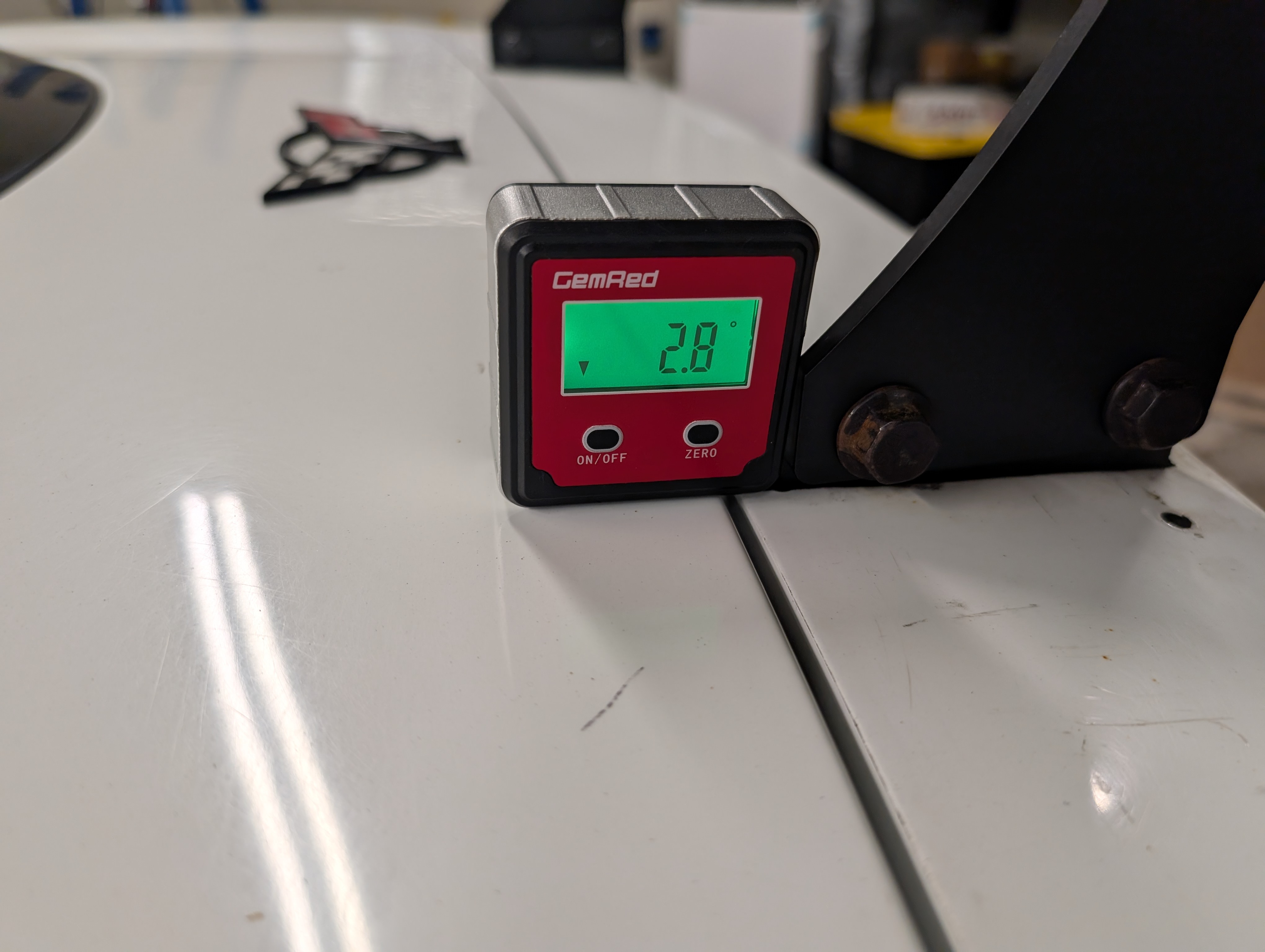 Angle Gauge showing 2.8 degrees of angle at the deck where we had previously zero'd our angle meter from..