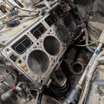 A C5 Corvette LS1 motor with the drivers side head removed, showing a fine head gasket and excellent cylinder walls.