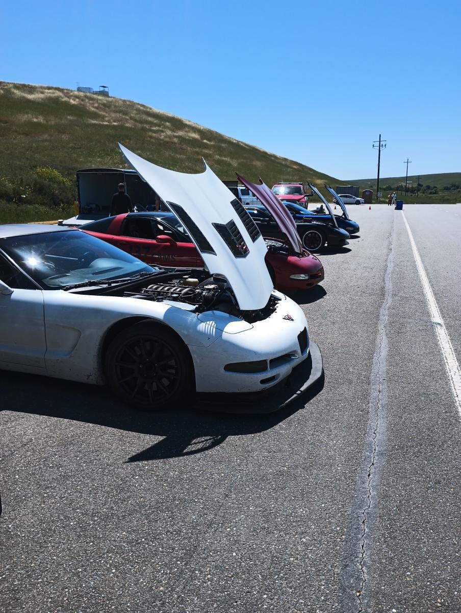 Five C5 Corvettes all lined up at Thunderhill West