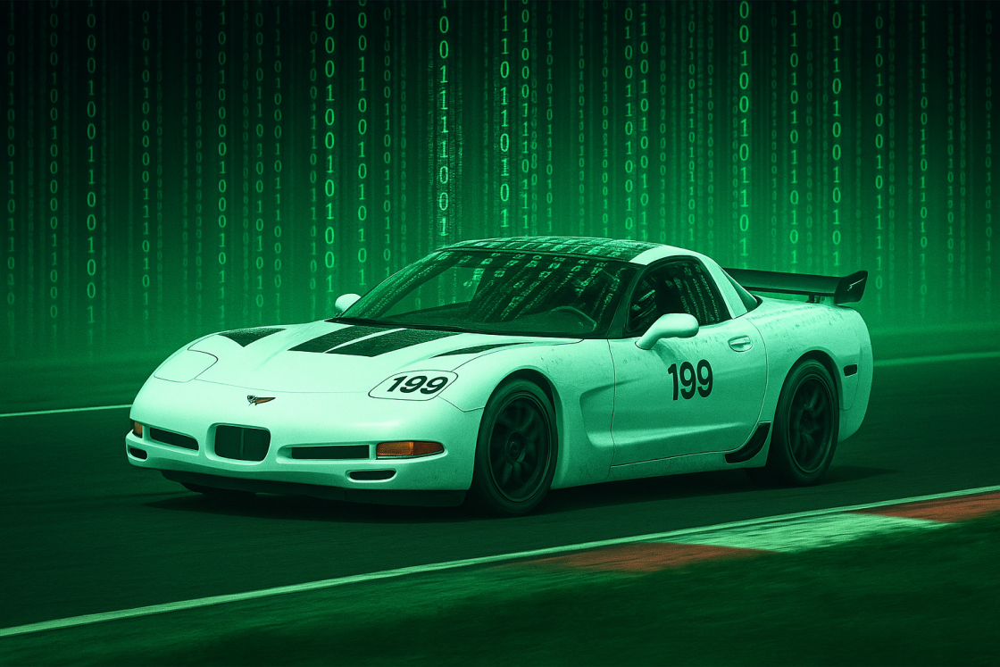 A white C5 corvette with a digital binary background in the style of the Matrix.