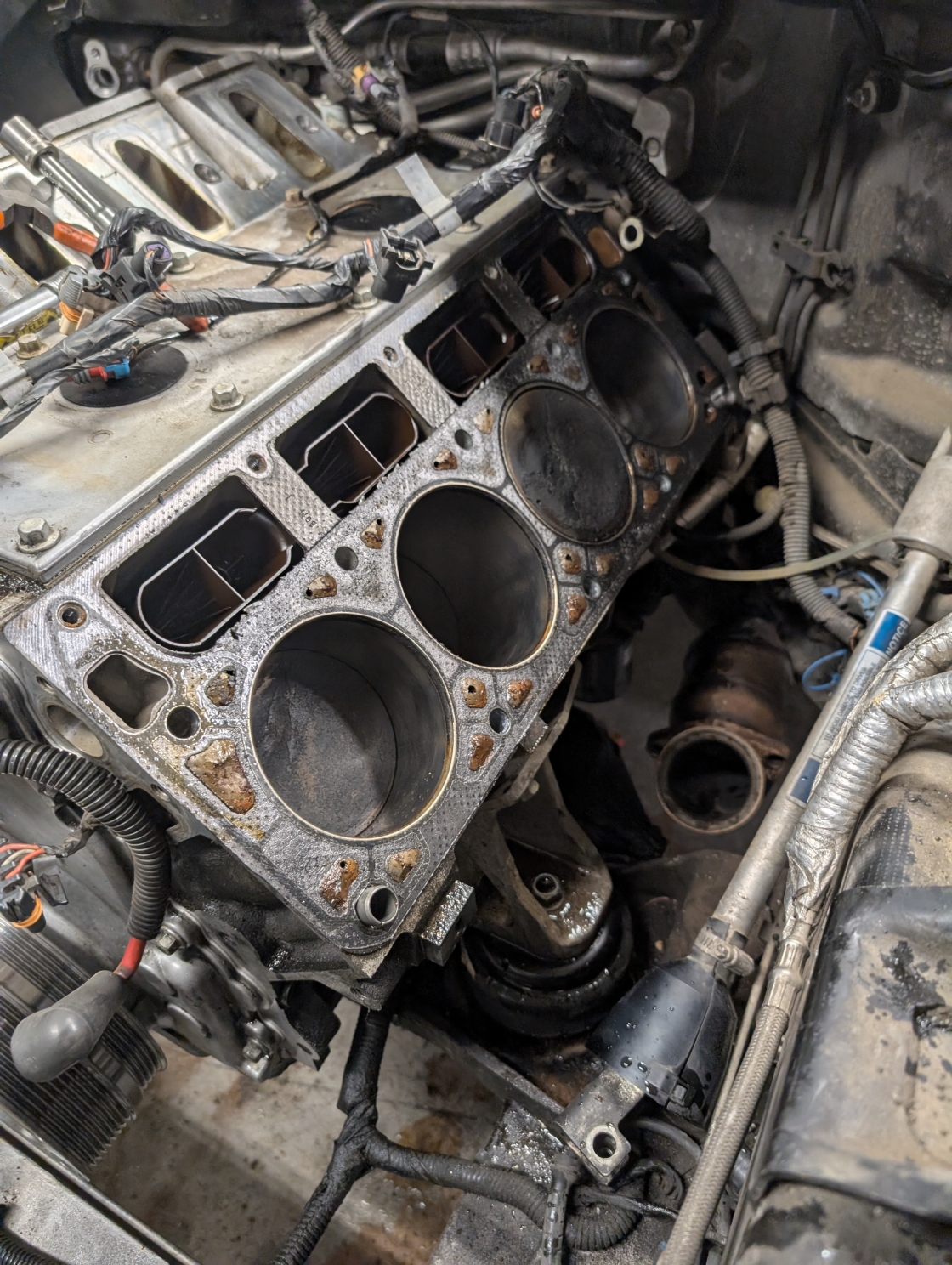 A C5 Corvette LS1 motor with the drivers side head removed, showing a fine head gasket and excellent cylinder walls.